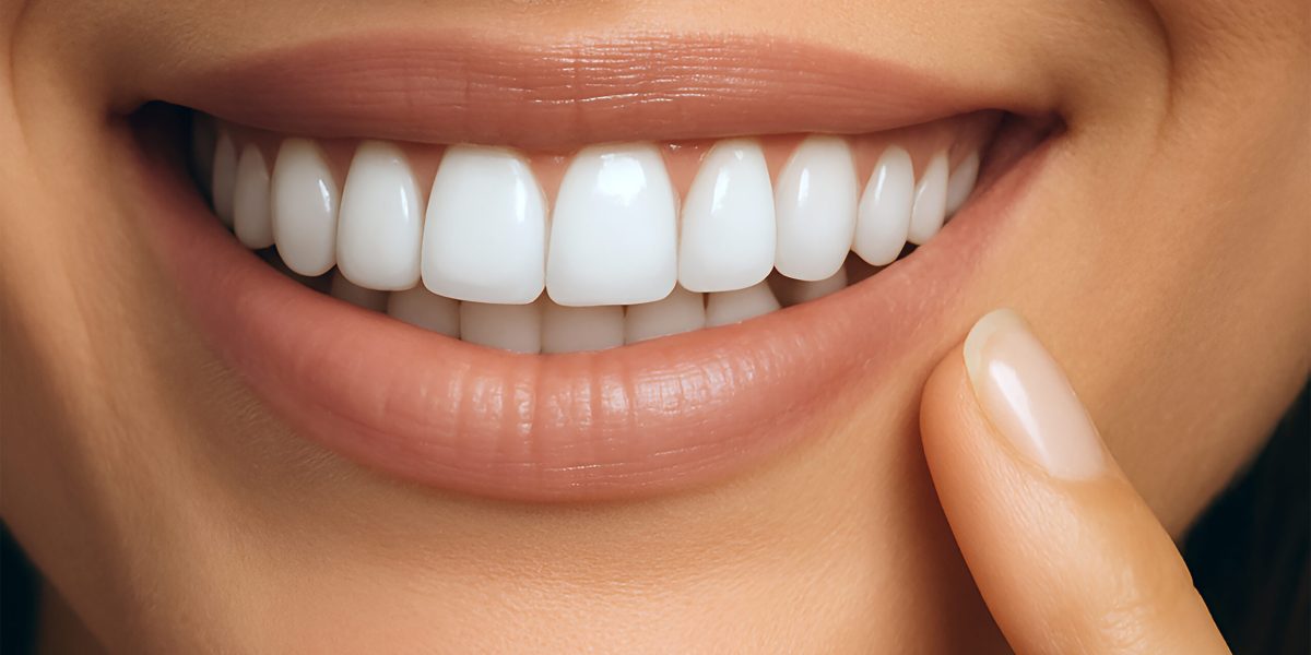 Close-up of a woman smiling with perfectly white teeth, touching her cheek with her finger. The image represents dental aesthetics, oral hygiene, and confident beauty