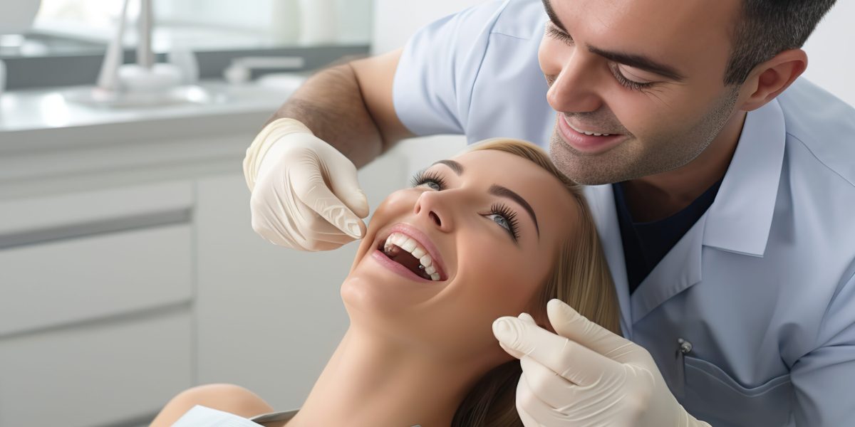 Dentists hands looking at patients teeth in white room